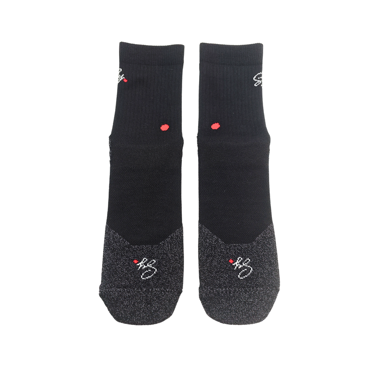 Black SY crew socks from behind, showing the grey cushioned heels