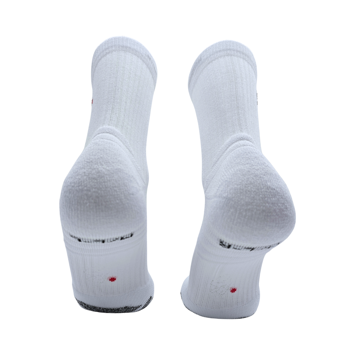 White SY crew socks from behind, showing the cushioned heels