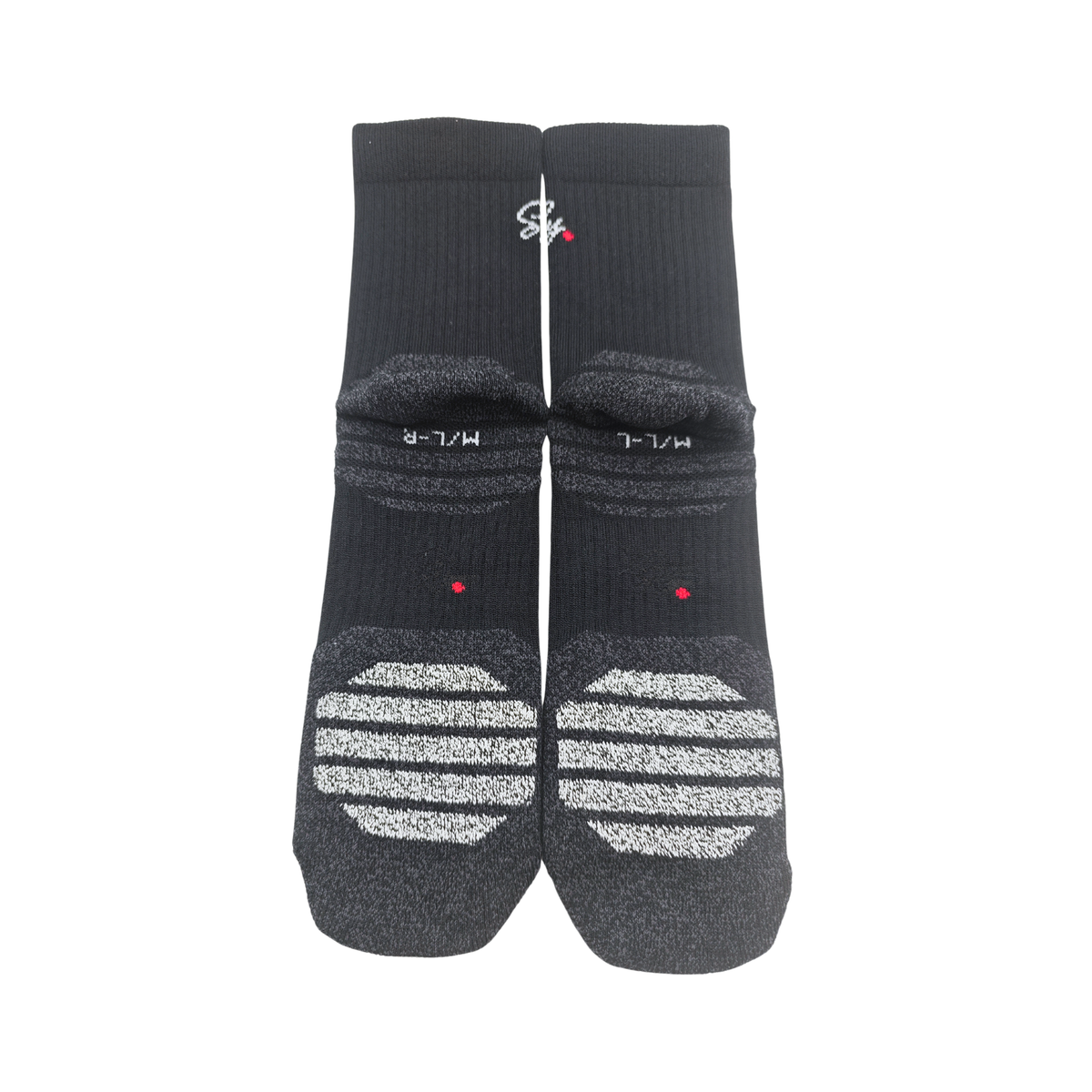 Nano Grip stripes on the soles of black SY crew socks