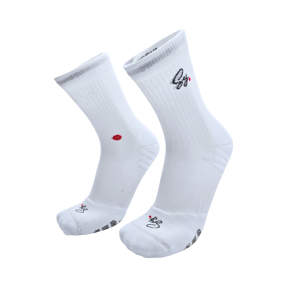 White SY crew socks, a pair, side by side