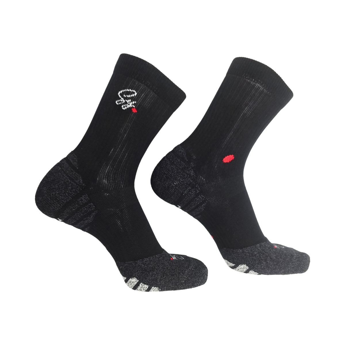 Black SY crew socks, a pair, side view