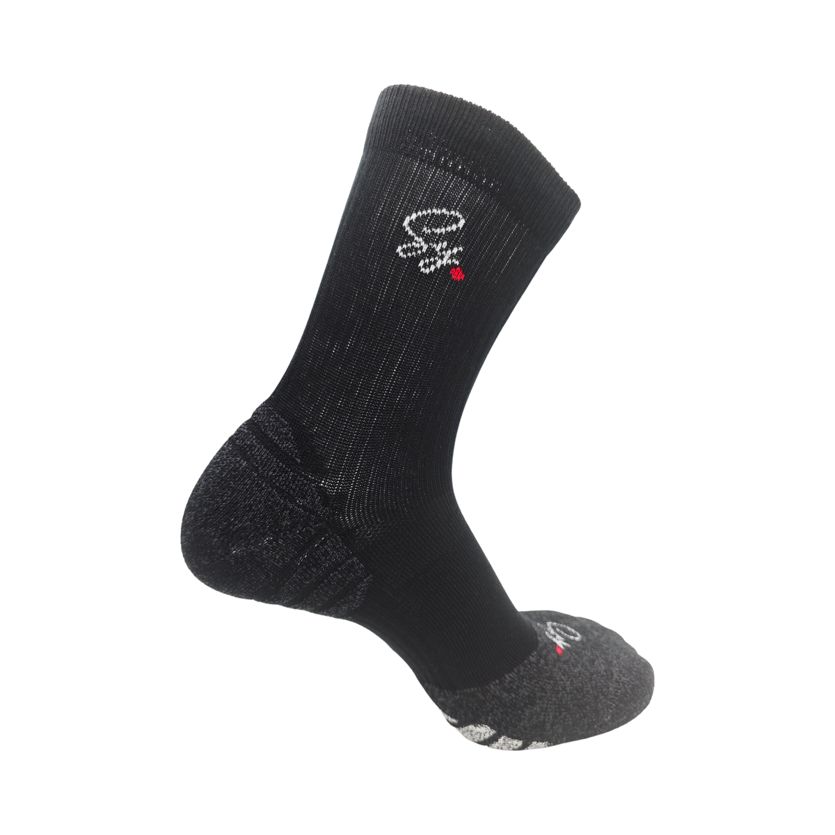Black SY crew sock with a grey cushioned heel and toe, side view